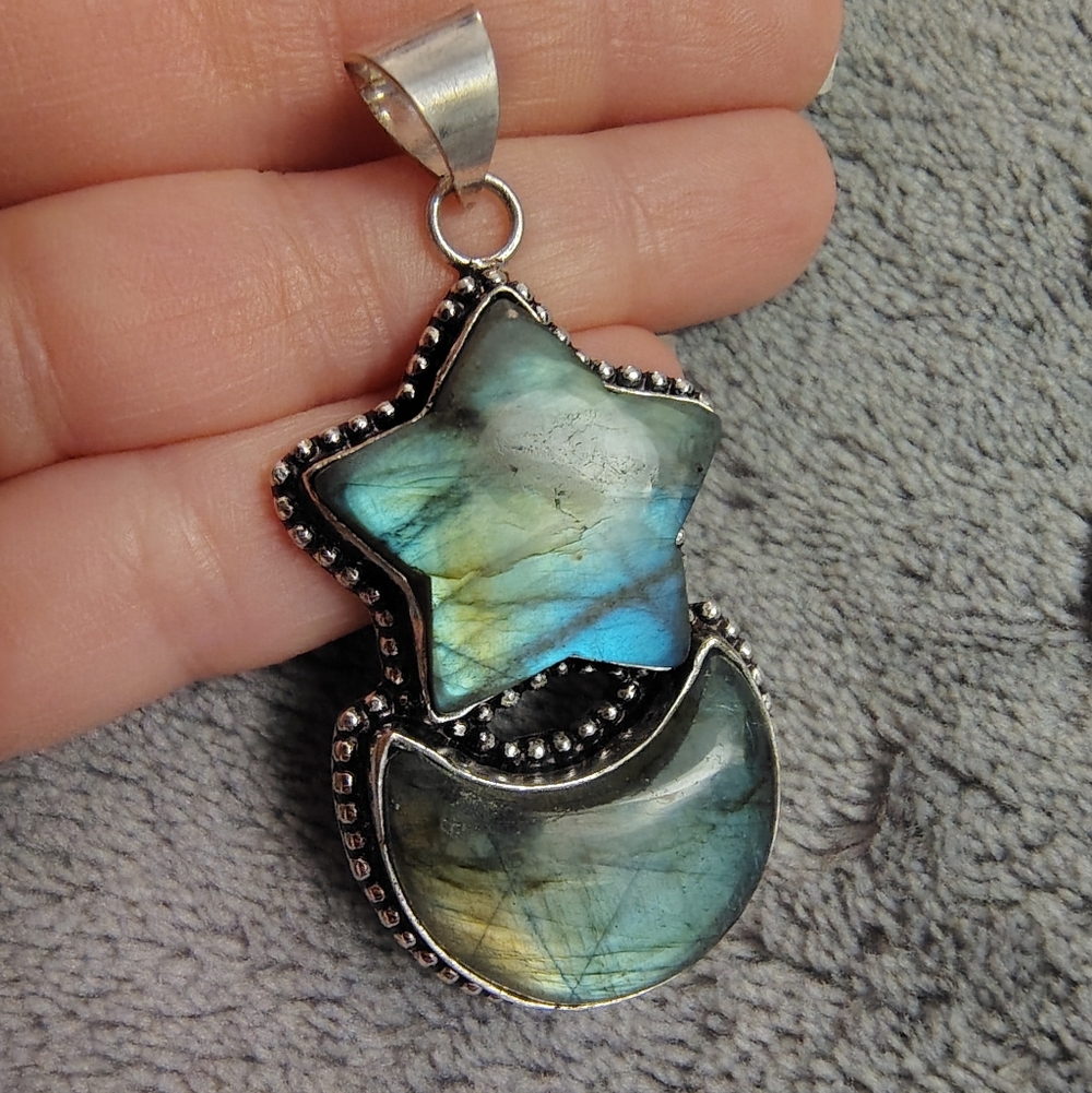 Labradorite Star & Crescent Moon Pendant